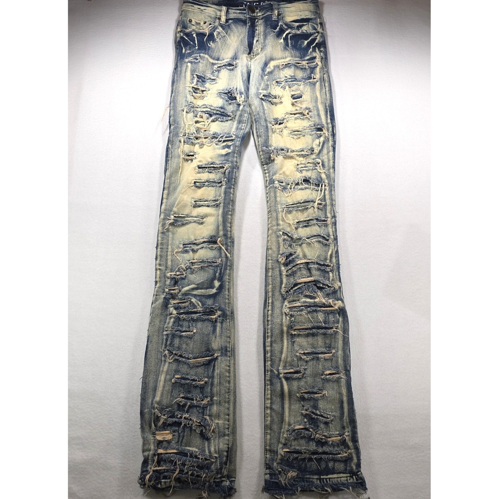 Taker Distressed Denim Jeans Men 30x38 Yellow Tint Wash Shredded Slim Streetwear